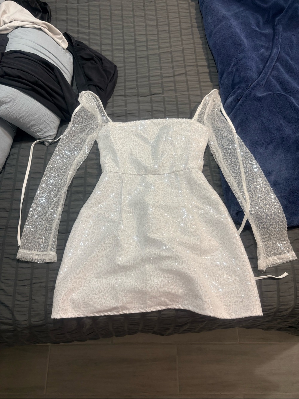 White Sequin Puff Sleeve Mini Dress